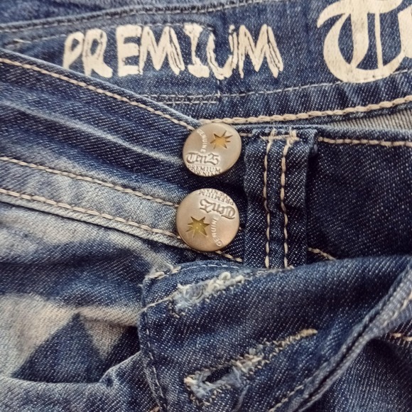 Ten25 Premium Jeans Womens 33x32x9 Blue Distressed Rhinestone Crown Back Pockets - Picture 10 of 13